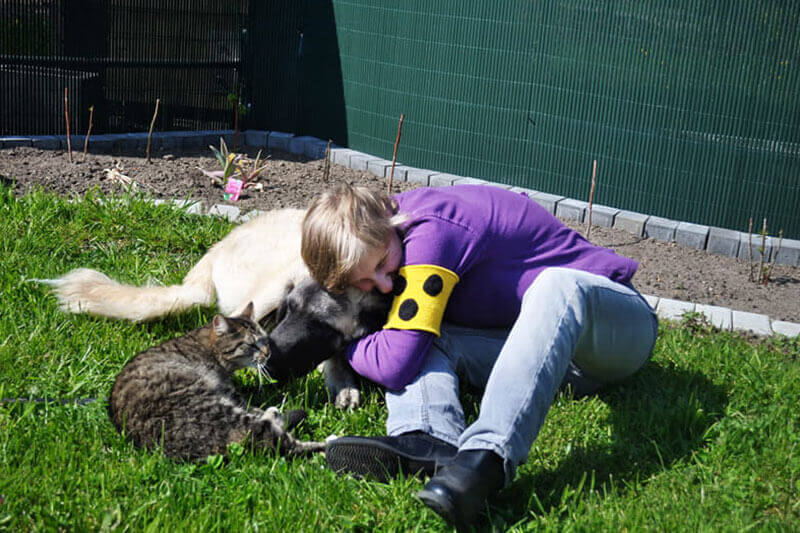 Blindes Mädchen ksucheln mit Hund